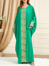 Contrast Color Embroidered Muslim Batwing Sleeves Loose Round-Neck Muslim Abaya Maxi Dresses